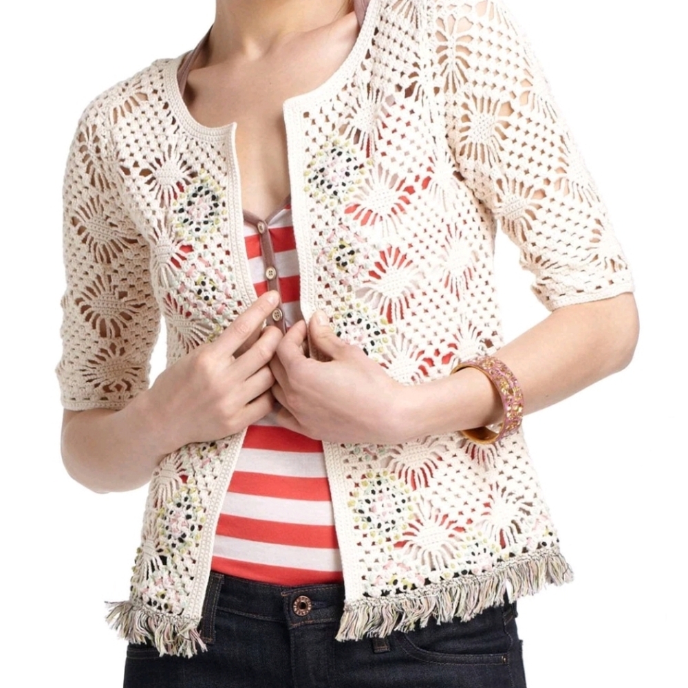 Anthropologie × Edie Crocheted Knit Cardigan Sweater Fringe Trim Shabby Chic SM